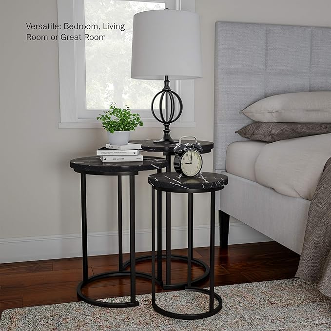Lavish Home Nesting Tables - Set of 3 Round Side Tables for Living Room, Bedroom, or Home Office - Faux Marble End Table Set - Modern Living Room Furniture (Black)