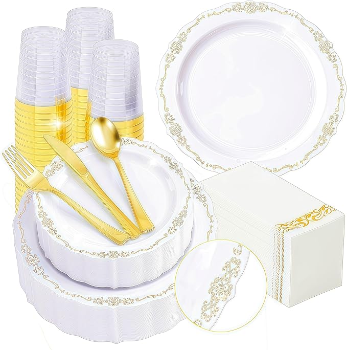 175 PCS White and Gold Disposable Plates, Elegant Dinnerware Set for 25 Guests, 50 Plastic Plates, 75 Silverware, 25 Cups & 25 Paper Napkins, White and Gold