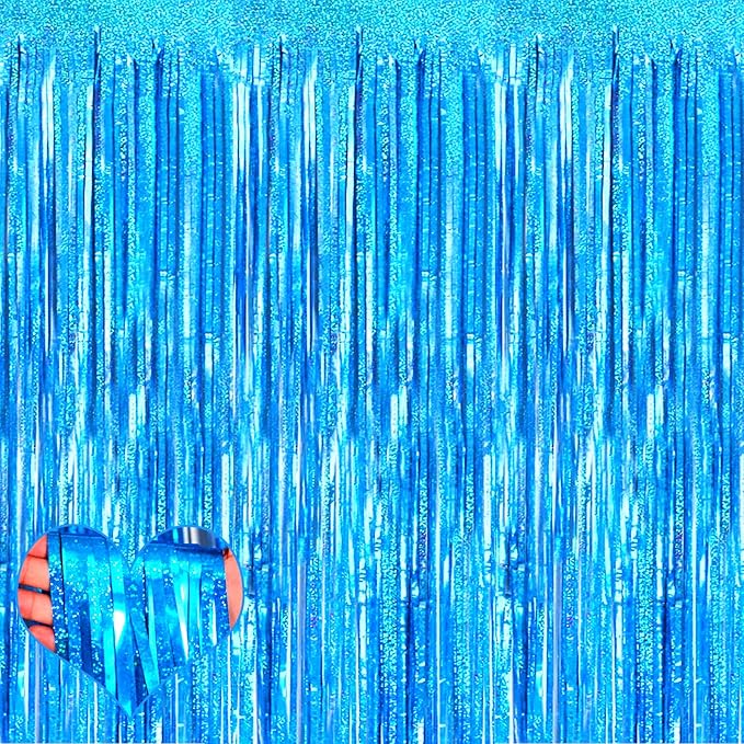 4 Pack New Blue Fringe Curtain Backdrop, 3.2Ft x 8.2Ft Sparkle Metallic Tinsel Foil Fringe Streamers Background for Photo Booth Birthday Wedding Baby Shower Party Thanksgiving Christmas Decorations