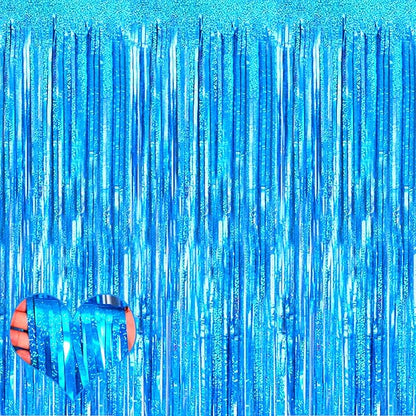 4 Pack New Blue Fringe Curtain Backdrop, 3.2Ft x 8.2Ft Sparkle Metallic Tinsel Foil Fringe Streamers Background for Photo Booth Birthday Wedding Baby Shower Party Thanksgiving Christmas Decorations