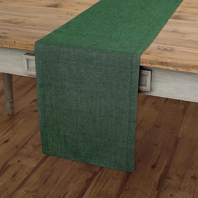Solino Home Linen Table Runner 90 Inches Long - Athena, 100% Pure Linen Forest Green Table Runner 14 x 90 Inch for Dining, Fall, Autumn, Christmas, Winter, New Year
