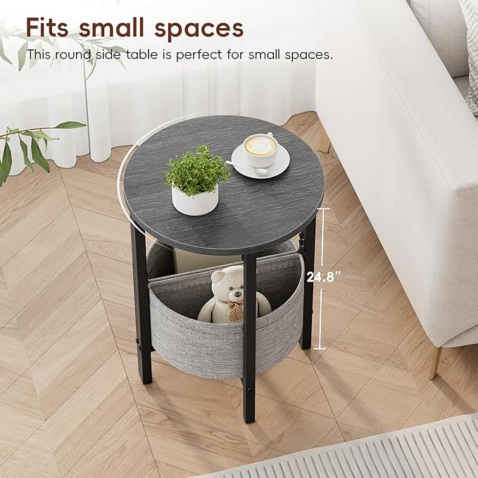 Vagusicc Small Round Side Table End Table, Tall Accent Table with Storage Basket, Set of 2 Half Round Table Half Moon Tables, Coffee Bedside Table Modern Nightstand for Living Room Bedroom Gray Walnut