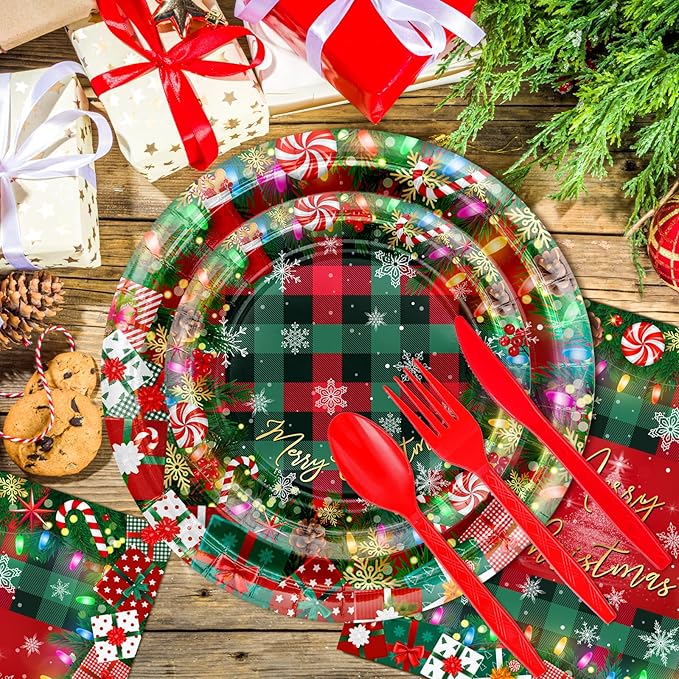 Avezano 192 Pcs Christmas Paper Plates and Napkins Merry Chirstmas Party Tableware Decorations Plaid Christmas Tree Disposable Dinnerware Set Serve 24 (Red)