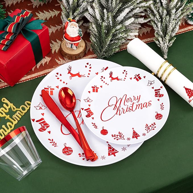 Ciaell 175 Pieces Christmas Plastic Plates include 50 Red Plastic Plates, 25Knives, 25Forks, 25Spoons, 25cups, 25Napkins for Christmas Party
