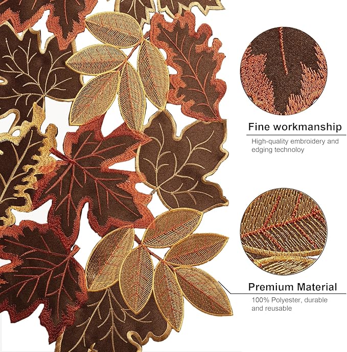Joyfol Day Fall Thanksgiving Table Runner 14 x 33 Inches, Cutwork Embroidered Brown Maple Leaves Table Runners, Autumn Rust Dresser Scarf for Harvest Party Dinner Seasonal Decoration