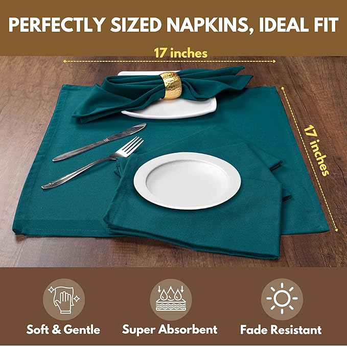 Native Fab Cloth Napkin Set of 12, 100% Cotton, Washable, Reusable Dinner Cloth Napkin 17x17 inches, Table Decor Napkins for Dinner, Events, Teal Green