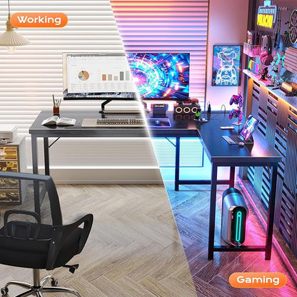 Huuger 55 Inch L Shaped Desk with Power Outlets and USB-C Port, Reversible Computer Desk, Larger Office Corner Gaming Desk, 0.95 Inch Thicker Desktop, Metal Frame, for Home Office, Study, Black