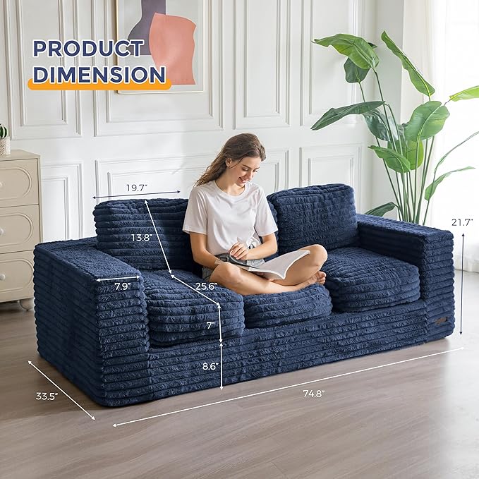 MAXYOYO 3-Seater Boneless Sofa Couch in a Box, Modern Faux Fur Sofa for Living Room, Soft High-Density Foam Couch with Pillows, Fluffy & Supportive Lounge, No Assembly Required, Navy