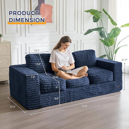 MAXYOYO 3-Seater Boneless Sofa Couch in a Box, Modern Faux Fur Sofa for Living Room, Soft High-Density Foam Couch with Pillows, Fluffy & Supportive Lounge, No Assembly Required, Navy