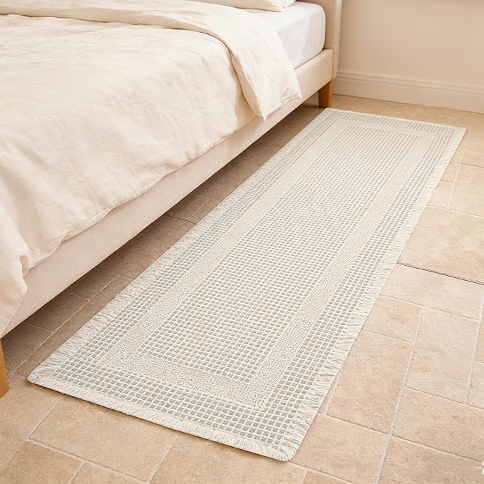 Waffle Runner Rug Non Slip, Boho Bath Mat, Super Absorbent Quick Dry Long Bath Runner Bathroom, Soft Farmhouse Bath Rug with Tassels, Washable Shower Mats for Floor 24"x72", Square Cream