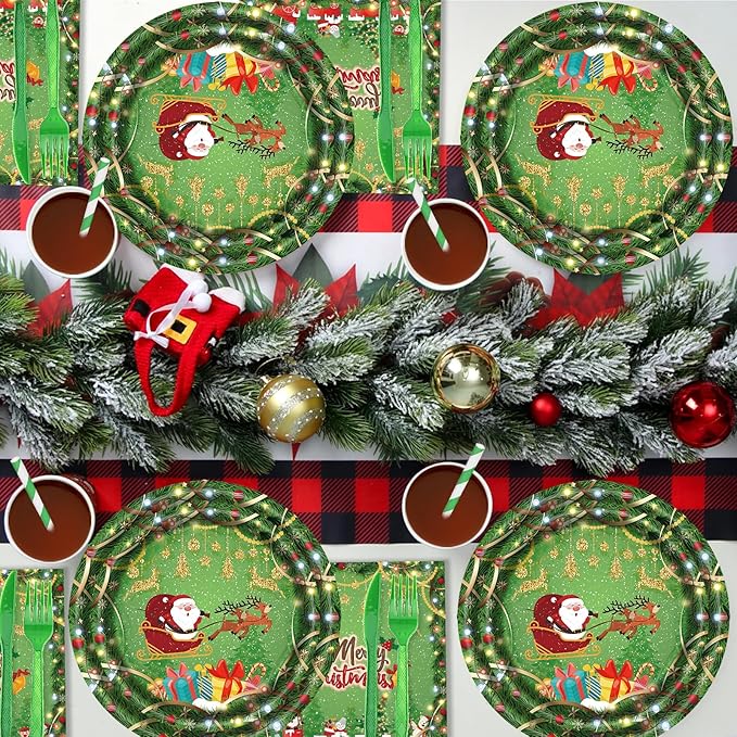 168PCS Christmas Plates and Napkins, Cartoon Santa Claus Snowman Christmas Disposable Dinnerware Set Party Supplies, Green Holiday Paper Plates Napkins Cups Cutlery for Xmas Serves 24