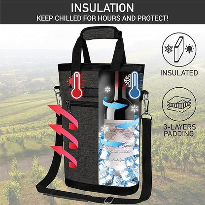 opux Two Bottle Wine Bag Carrier Tote, Insulated Leakproof 2 Bottle Wine Cooler Bag for Travel BYOB Picnic, Portable Wine Case, Gift for Men Women Wine Lover Birthday Party Christmas, Charcoal Gray