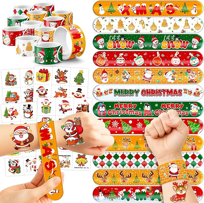 72PCS Christmas Party Favors Set - 48 Christmas Tattoos + 24 Slap Bracelets | Fun Xmas Gifts for Kids Boys Girls | Classroom Rewards, School Prizes, Holiday Goodie Bag Toys