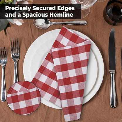 Urban Villa Cloth Napkins Set of 12 20x20 Inches 100% Cotton Napkins Cloth Washable Durable Reusable Absorbent Table Dinner Napkins Cloth for Christmas Hotel Lunch Restaurant Parties- Red White
