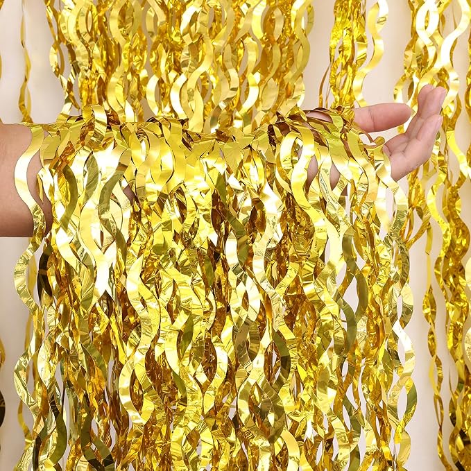 2 Pack 3.2x6.5 Feet Wavy Gold Foil Fringe Backdrop Curtains Tinsel Streamers Dance Party Decorations Photo Booth Props for Bachelorette Bridal Shower Birthday Wedding Christmas New Years Eve