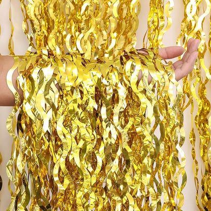 2 Pack 3.2x6.5 Feet Wavy Gold Foil Fringe Backdrop Curtains Tinsel Streamers Dance Party Decorations Photo Booth Props for Bachelorette Bridal Shower Birthday Wedding Christmas New Years Eve