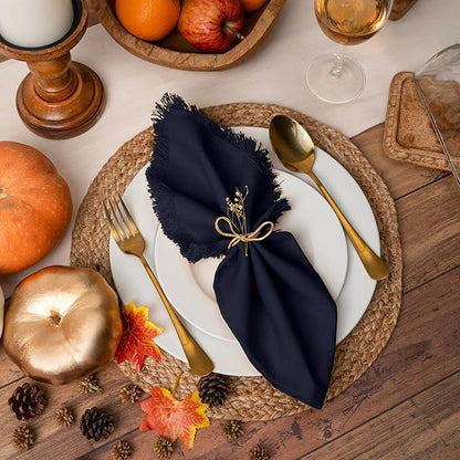 Blue Needles Handmade Cotton Linen Cloth Napkins with Fringes - Set of 6 Navy Blue Dinner Table Napkins 18x18 Inch Hemmed Edges Washable, Soft, Reusable, Perfect for Fall Thanksgiving & Family Dinner