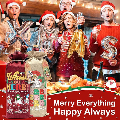 Aoonby 12PCS Burlap Wine Bags Christmas Wines Gift Bag, Drawstring Retro Christmas Bottle Cover Gift Bag w/Tag, Reusable Wines Bags for Bottles Gifts Wine Bottle Covers for Xmas Holiday Party Decor