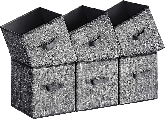 SONGMICS Storage Cubes, 11-Inch Non-Woven Fabric Bins with Double Handles, Set of 6, Closet Organizers for Shelves, Foldable, for Clothes, Classic Black UROB026B01
