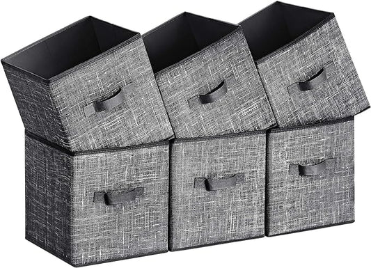 SONGMICS Storage Cubes, 11-Inch Non-Woven Fabric Bins with Double Handles, Set of 6, Closet Organizers for Shelves, Foldable, for Clothes, Classic Black UROB026B01
