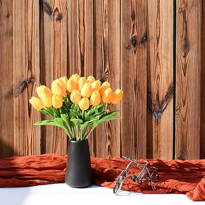 ONLY ART Artificial Burnt Orange Tulips 20 Pcs – 13.5 Inch PU Faux Flowers with Bendable Stems for Home Décor, Wedding Centerpieces, DIY Floral Arrangements, Table Decorations