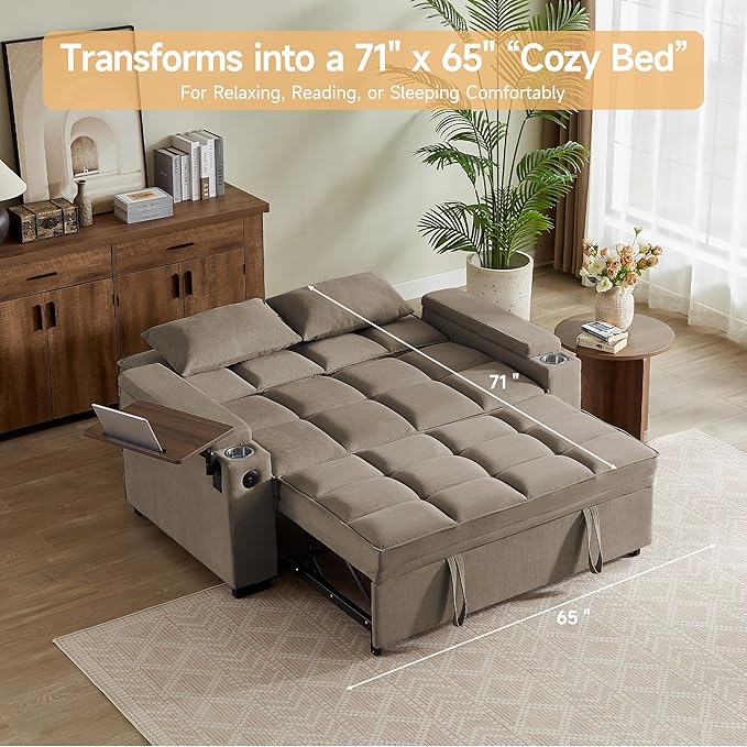 66" Multi-Functional Pull-Out Sofa Bed with Hidden Side Table, Storage Armrests, Built-in Charging Port, Spring Mattress, Solid Wood Frame – Ideal for Small Spaces, Easy Assembly