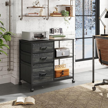 DEVAISE 3 Drawer File Cabinet, Mobile Filing Cabinet Rolling Printer Stand with Open Storage Shelf, Fabric Lateral Filing Cabinet fits A4 or Letter Size for Home Office, Charcoal Black Wood Grain