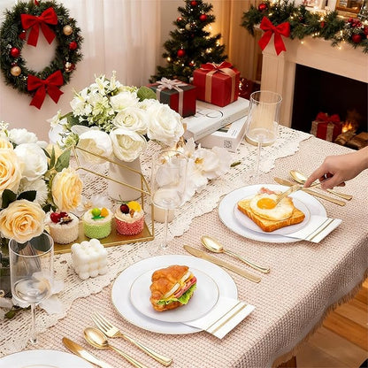 KIRE 100PCS Disposable Plates - White with Gold Rim for Christmas Party/Wedding - Includes 50Pieces 10.25inch Dinner and 50Pieces 7.5inch Dessert/Salad Plates