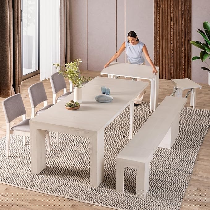 Transformer Table - Solid Wood Extendable Dining Table, Seats 2-12, Expandable Dining Room Table, Space-Saving Furniture, Kitchen and Dining Room Furniture (White, Table + Bench + 4 Chairs)