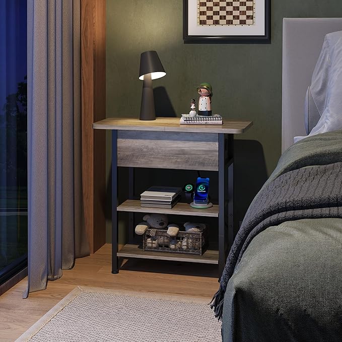 WLIVE End Table with Charging Station, Flip Top Narrow Side Table with Storage Shelf, Small Nightstand with USB Ports and Outlets,Bedside Table for Living Room, Bedroom,11.81" D x 23.62" W x 24.33" H