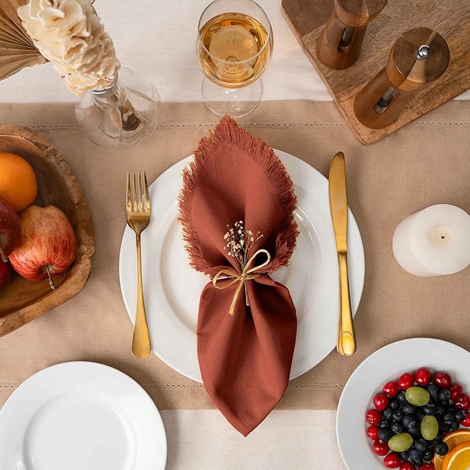 Blue Needles Handmade Cotton Linen Cloth Napkins with Fringes - Set of 6 Rust Dinner Table Napkins 18x18 Inch Hemmed Edges Washable, Soft, Reusable, Perfect for Fall Thanksgiving & Family Dinner
