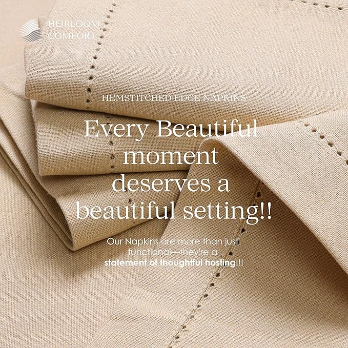 Beige Cloth Napkins Set of 6, 18 x 18 Inch - Soft, Absorbent, Durable, Reusable, Washable - Hemstitch Mitered Edges - Perfect Hotel Quality Napkin for Dinner, Weddings, Holiday Décor