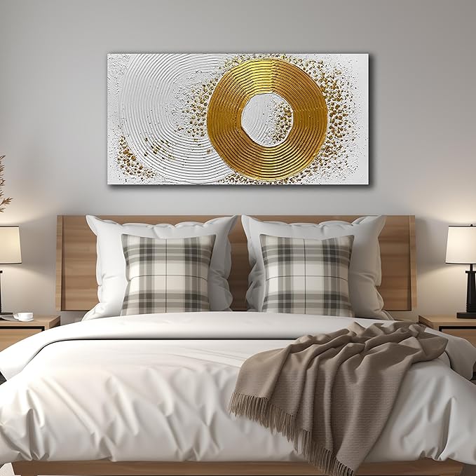White and Gold Wall Decor for Living Room Abstract Circle Painting Wall Art for Dining Room Modern Art Wall Decor for Office Size 24 x 47 Inch