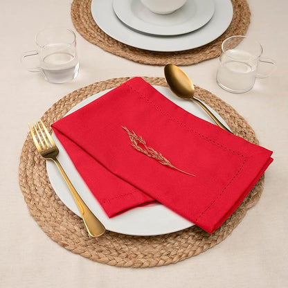 Blue Needles Set of 12 Hemstitch Linen Napkins 100% Cotton Red Cloth Dinner Napkins 18x18 inches, Soft, Reusable, Absorbent, Washable, Ideal for Fall Thanksgiving Events, Parties & Everyday Use