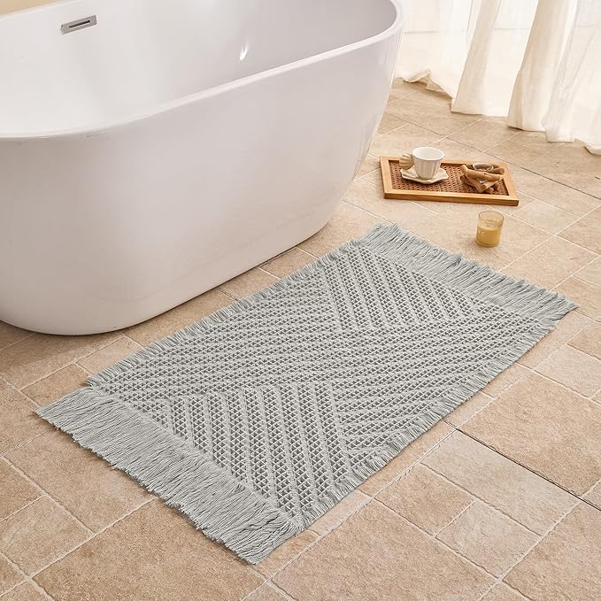 Waffle Bath Mat Non Slip, Boho Bathroom Rug, Super Absorbent Quick Dry Bathroom Mat, Soft Farmhouse Bath Rug with Tassels, Small Washable Shower Mats for Floor 24"x36", Tassels Light Grey