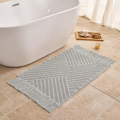 Waffle Bath Mat Non Slip, Boho Bathroom Rug, Super Absorbent Quick Dry Bathroom Mat, Soft Farmhouse Bath Rug with Tassels, Small Washable Shower Mats for Floor 24"x36", Tassels Light Grey