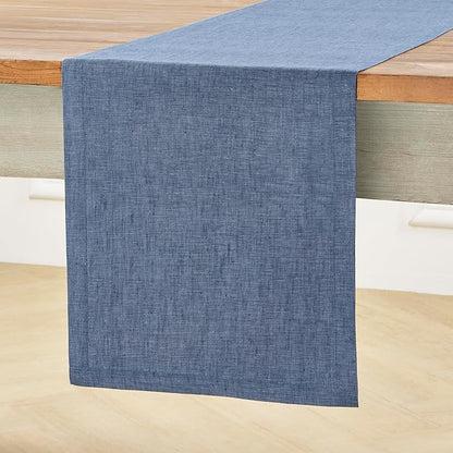 Solino Home Linen Table Runner 90 Inches Long - Athena, 100% Pure Linen Blue Denim Dining Table Runner 14 x 90 Inch