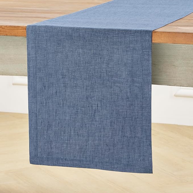Solino Home Linen Table Runner 36 Inches - 100% Pure Linen Blue Denim Table Runner 14 x 36 Inch Ideal for Dresser and Coffee Tables - Athena