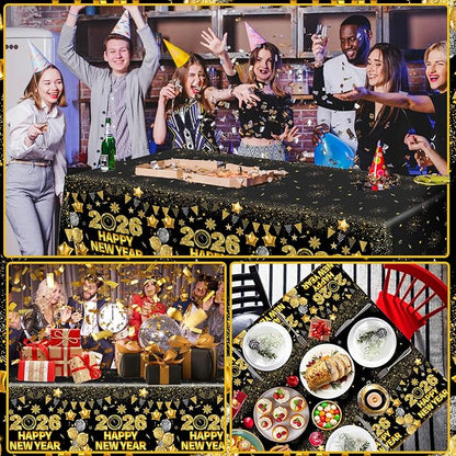 HAKOTI 3Pcs New Year Eve Tablecloth - Happy New Year Party Decorations 2026 Black Gold New Years Tablecloth Rectangular Plastic Table Cover for Cheers to 2026 New Years Eve Party