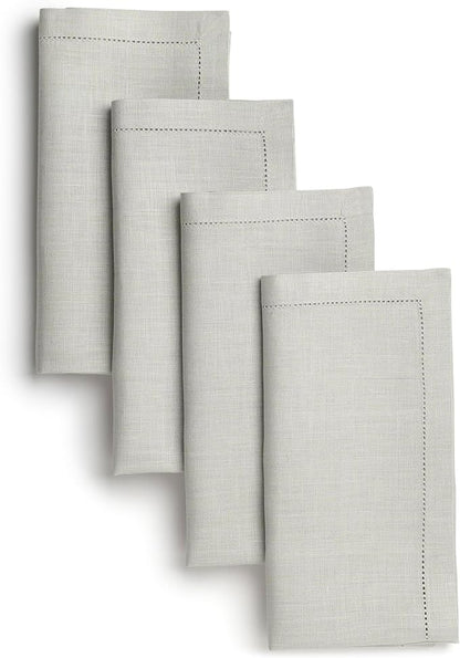 D'Moksha Homes Silver Grey Linen Napkins Set of 4 - Classic Hemstitch 100% Pure Linen Dinner Napkins Cloth 20 x 20 Inch for Winter, Christmas, Holiday - Handcrafted and Machine Washable