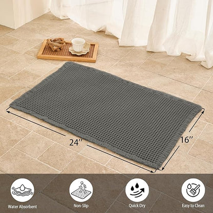Waffle Bath Mat Non Slip, Boho Bathroom Rug, Super Absorbent Quick Dry Bathroom Mat, Soft Farmhouse Bath Rug with Tassels, Small Washable Shower Mats for Floor 16"x24", Dark Grey