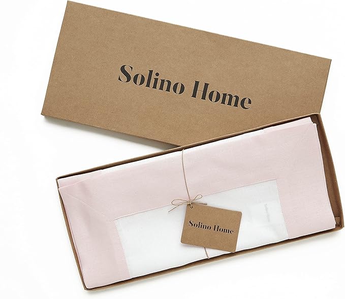 Solino Home Linen Table Runner 48 Inches - 100% Pure Linen Blush Pink and White Table Runner 14 x 48 Inch Ideal for Dresser and Coffee Tables - Contempo