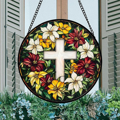 Stained Glass Window Hanging, Cross Flowers Sun Catchers Colorful Glass Panel Christianity Suncatcher Decor for Birthday for Women, Men, Wife, Aunt, and Mom 14.9x14.9 in