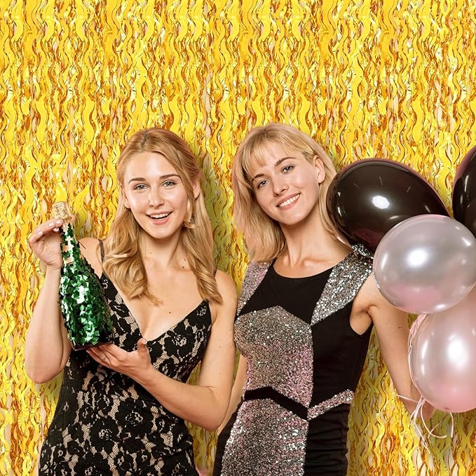 2 Pack 3.2x6.5 Feet Wavy Gold Foil Fringe Backdrop Curtains Tinsel Streamers Dance Party Decorations Photo Booth Props for Bachelorette Bridal Shower Birthday Wedding Christmas New Years Eve