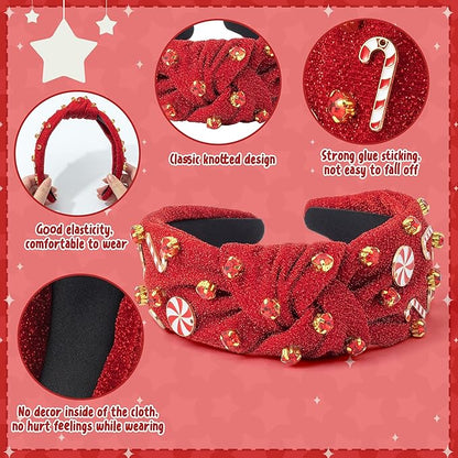 PANTIDE Christmas Jeweled Knotted Headband - Xmas Candy Cane Lollipop Rhinestone Crystal Embellished Headband Wide Top Knot Fashion Glitter Hairband Hair Accessories Birthday Gift for Women Girl (Red)
