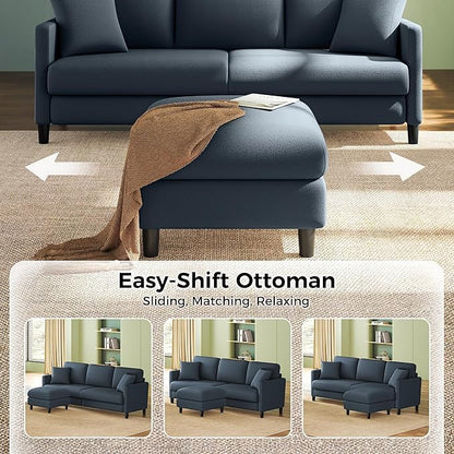 83" Couches for Living Room, Comfy Sofas for Living Room with Storage Ottomans, Teddy Sofa Couch, Tool-Free Loveseat Sofa, All-Wood Love Seat Couches, U Shaped Couch Pillows Include, Blue Grey