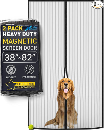 Flux Phenom Magnetic Screen Door (2 Pack) - Bugs Out, Breeze in - 9min Install Auto-Sealing Heavy Duty Double Stitched Mesh, Hands Free Sliding & Patio Doors Net, Pet & Kid Friendly, 38 x 82 Inch
