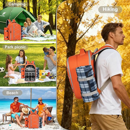 Picnic Backpack for 4 Persons with Insulated Leakproof Cooler Compartment, Cutlery Sets, Wine Holder, Fleece Blanket, Wedding Gifts for Couples, Perfect for Beach, Camping, Hiking, Orange