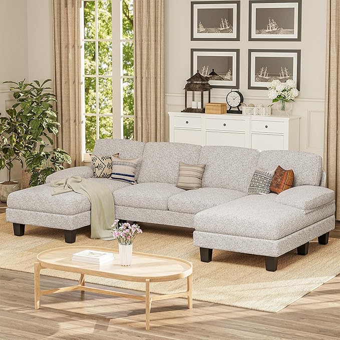 Furmax Sectional Couches for Living Room, U-Shaped Sofa Couch with Linen Fabric, 4 Seat Sofa Set with Double Chaise for Apartment (Loop Yarn, Pearl Gray)