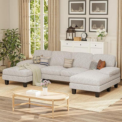 Furmax Sectional Couches for Living Room, U-Shaped Sofa Couch with Linen Fabric, 4 Seat Sofa Set with Double Chaise for Apartment (Loop Yarn, Pearl Gray)